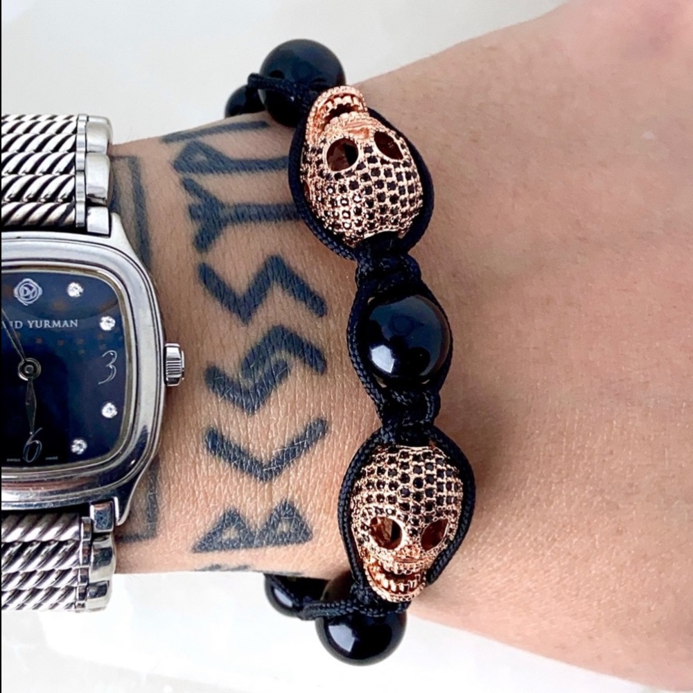 Handmade adjustable macrame rose gold skull cz bracelet with onyx gemstones
